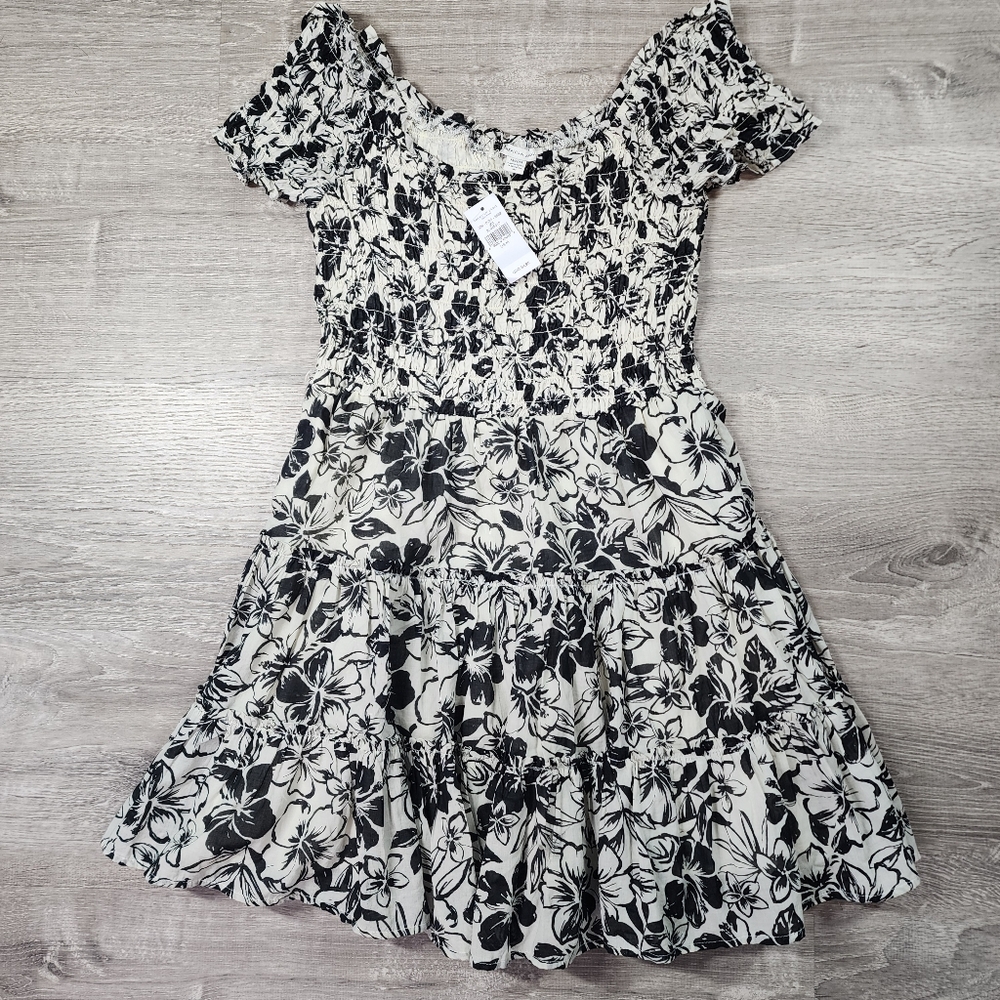 AMERICAN EAGLE Tropical Floral Hibiscus Tiered Shortsleeve Dress Medium - Picture 1 of 14
